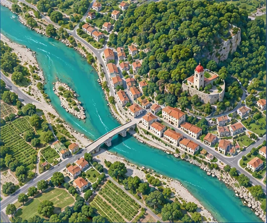 Illustrative aerial imagery and roads around a riverside settlement