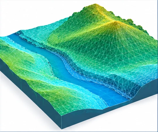 Illustrative elevation mesh showing hills and a river valley