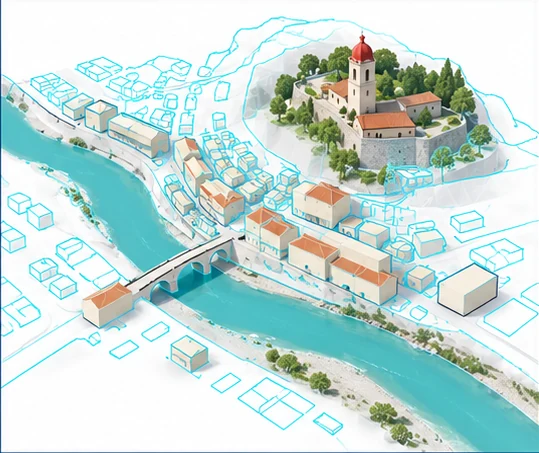 Illustrative building outlines and volumes around a destination