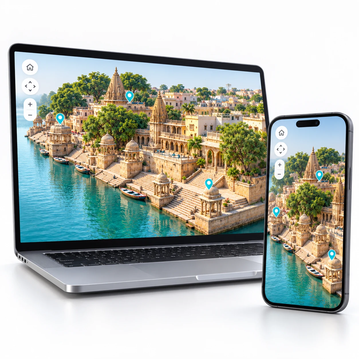 Illustrative 3D destination displayed on a laptop and mobile phone