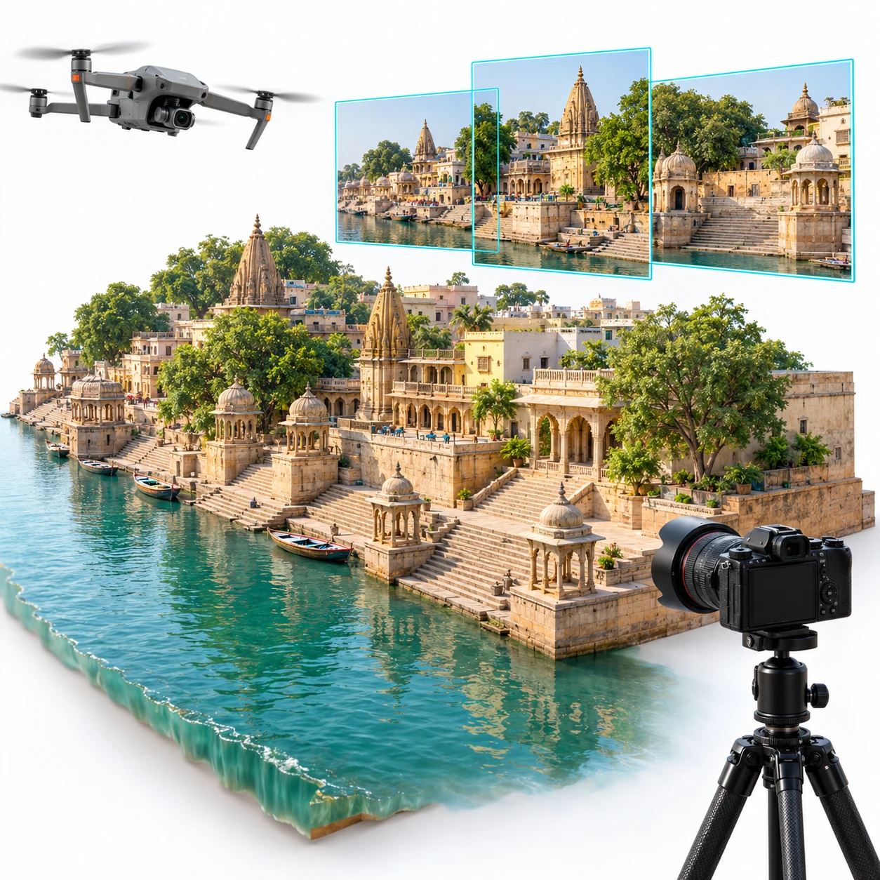 AI illustration of a camera drone and ground camera capturing overlapping photographs of a precinct