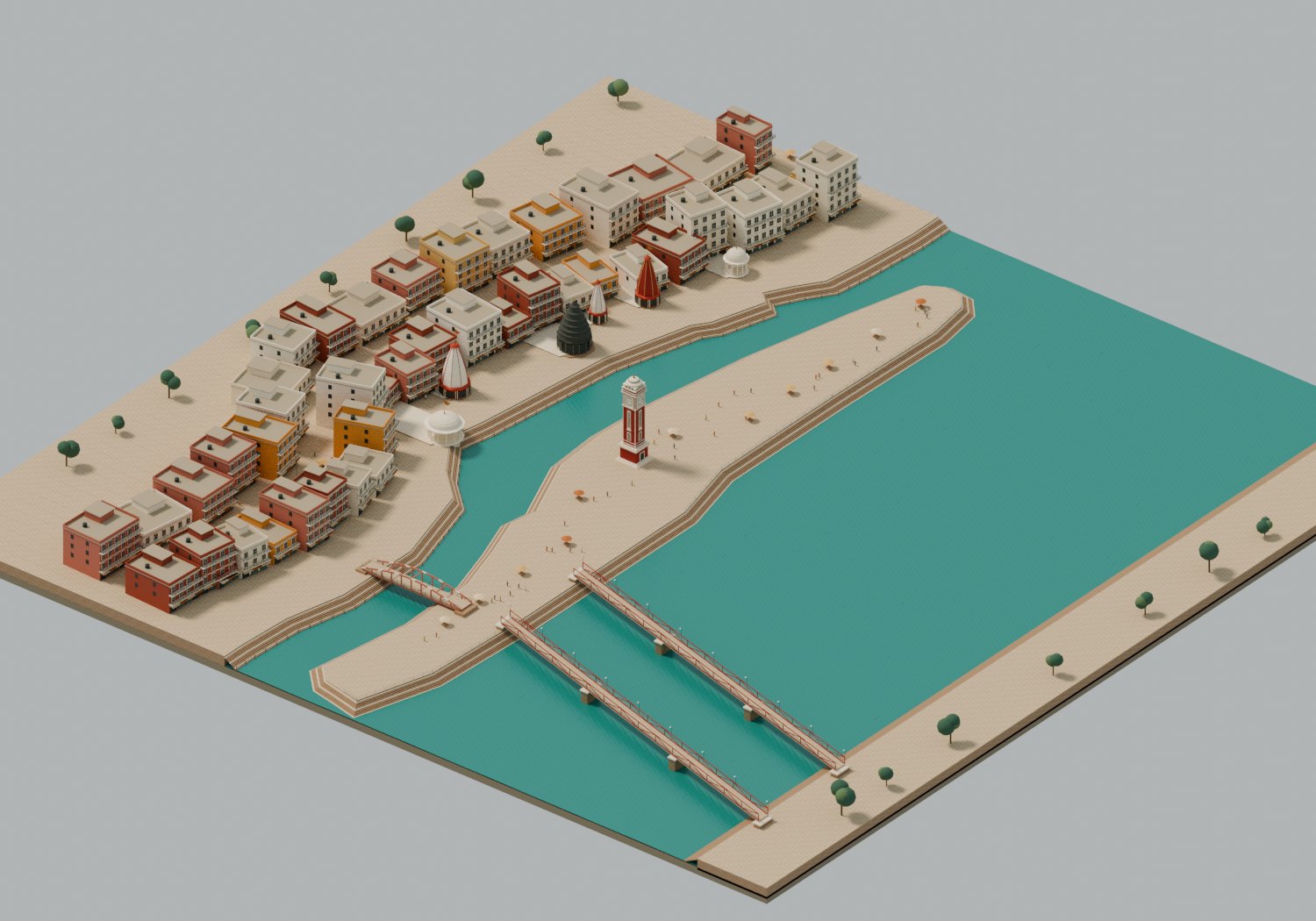 Preview rendered from the illustrative 3D model of the Har Ki Pauri ghats and clock-tower island