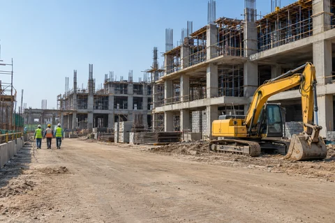 AI-generated illustrative construction site with adult workers, a service lane and construction equipment.