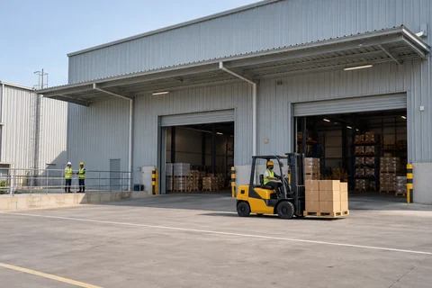 AI-generated illustrative warehouse loading area with a vehicle route and adult staff.