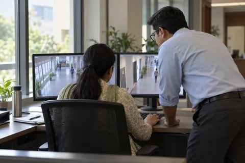 AI-generated illustrative adult institutional team reviewing corridor footage.
