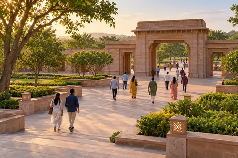AI-generated illustrative adult visitors moving through a landscaped entrance.