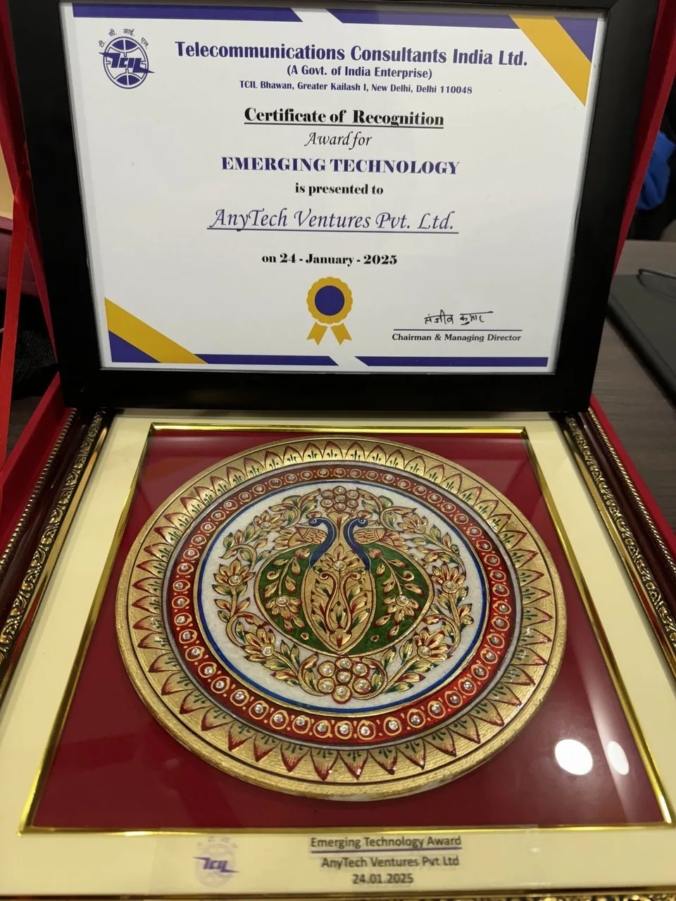 2025 को AnyTech Ventures Pvt. Ltd. को दिया गया TCIL इमर्जिंग टेक्नोलॉजी सम्मान प्रमाणपत्र